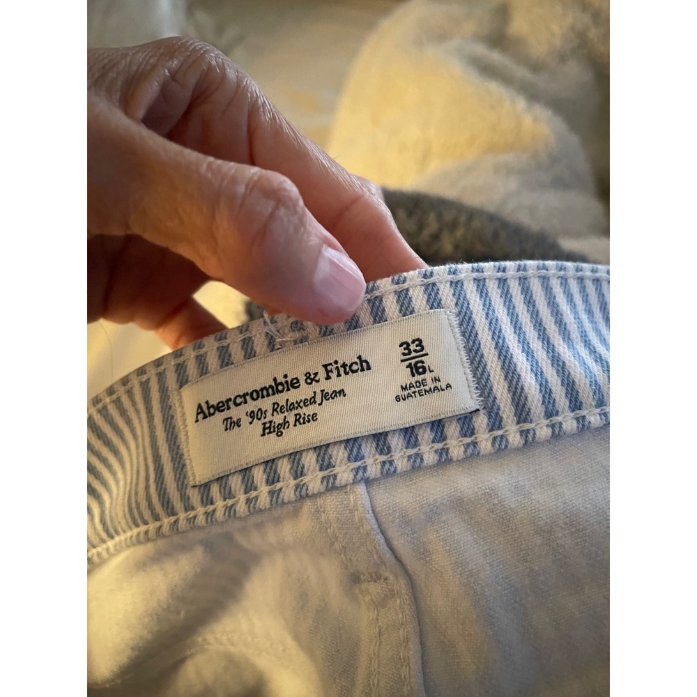 Abercrombie & Fitch 90s Relaxed High Rise Hickory Stripe Jeans Blue White 16LONG - Picture 12 of 13